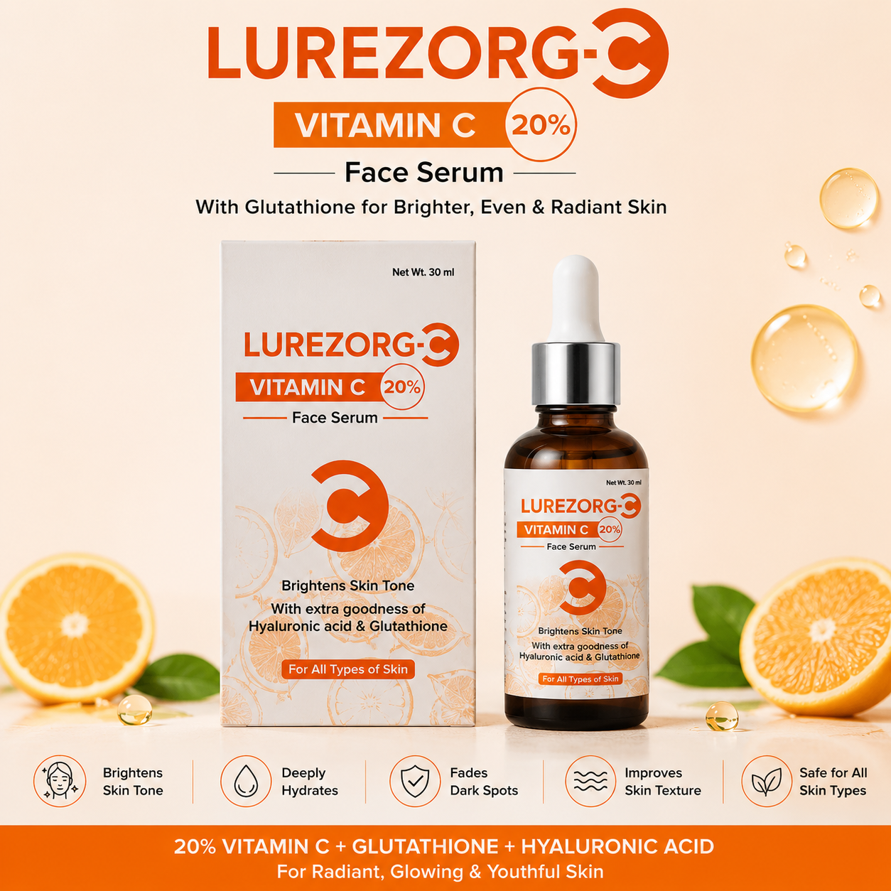 LUREZORG-C Vitamin C 20% Face Serum with Glutathione & Hyaluronic Acid – 30ml
