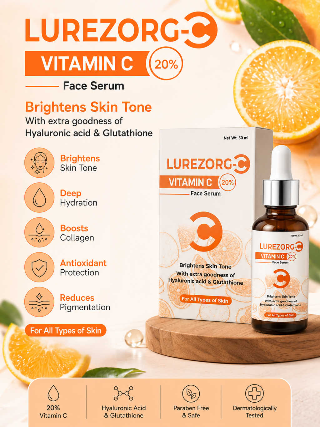LUREZORG-C Vitamin C 20% Face Serum with Glutathione & Hyaluronic Acid – 30ml
