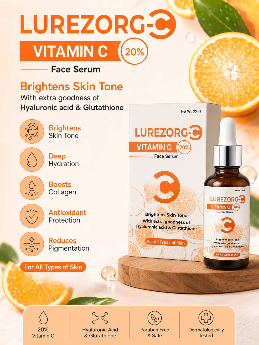 LUREZORG-C Vitamin C 20% Face Serum with Glutathione & Hyaluronic Acid – 30ml