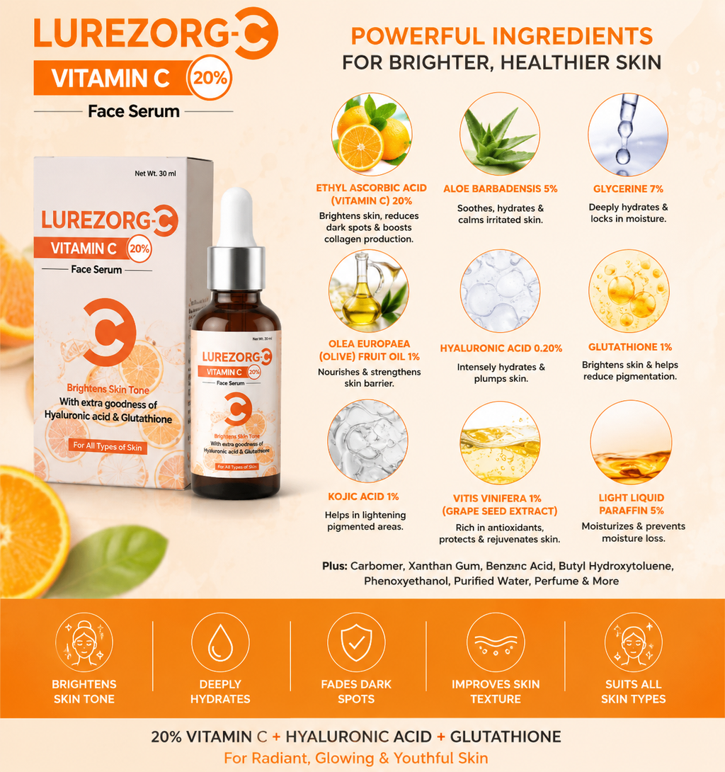LUREZORG-C Vitamin C 20% Face Serum with Glutathione & Hyaluronic Acid – 30ml